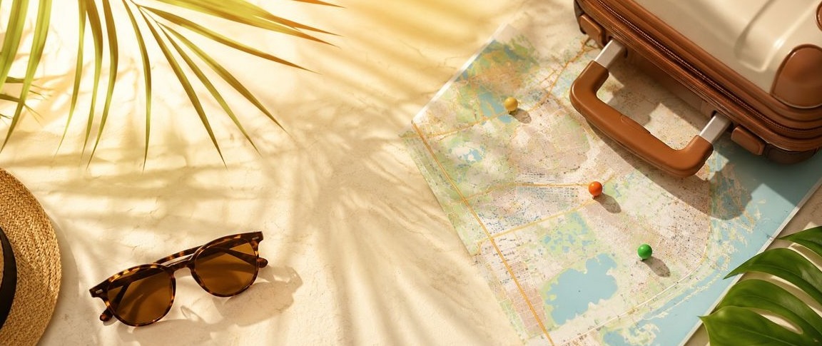Tropical travel planning flat lay with map, suitcase, and Orlando trip essentials